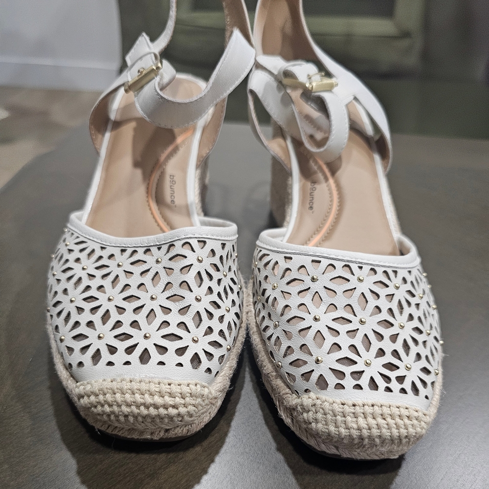 Hush Puppies Bounce Cream Espadrille Wedge Sandals Buckle Leather Cut-Out - Picture 6 of 11